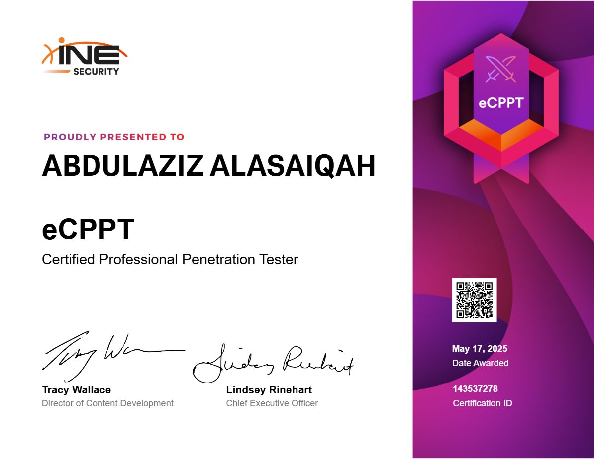 eCPPT certificate awarded to Abdulaziz Alasaiqah by INE Security, 17 May 2025