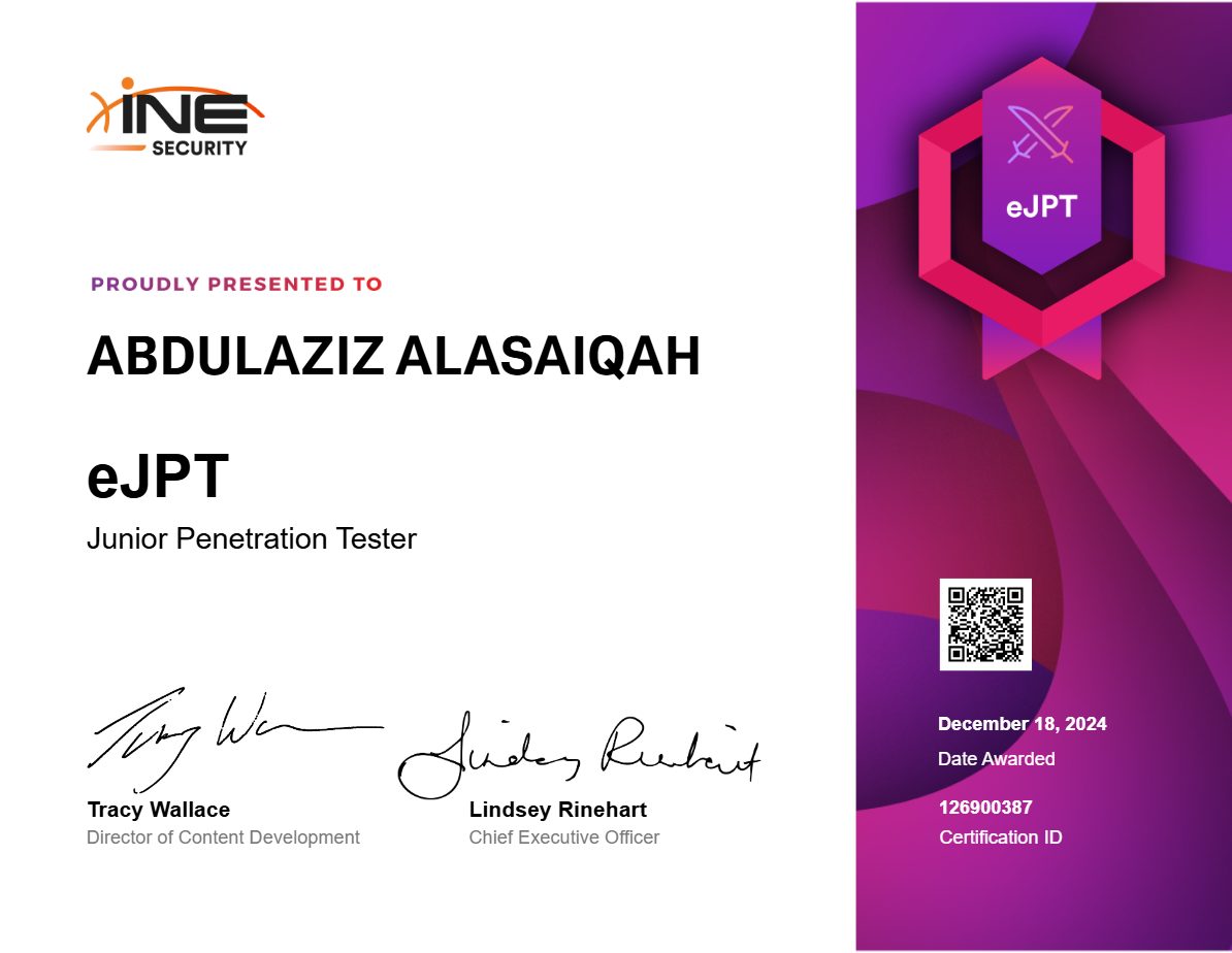 eJPT certificate awarded to Abdulaziz Alasaiqah by INE Security, 18 December 2024