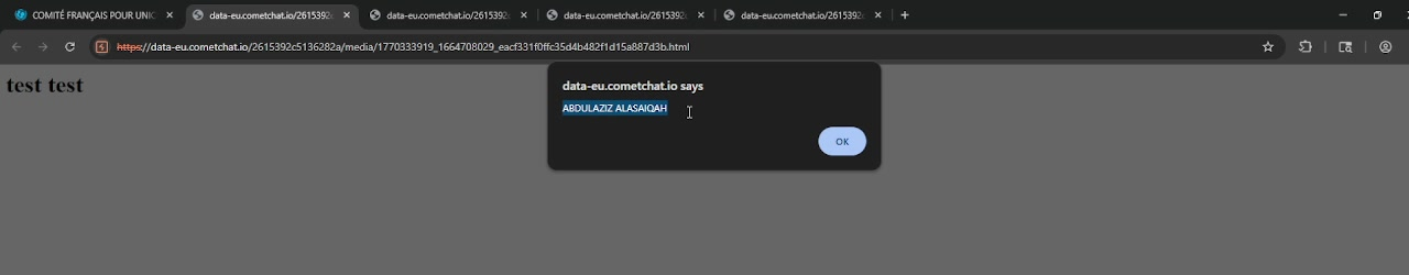 Stored payload executing an alert on data-eu.cometchat.io during the authorized disclosure test