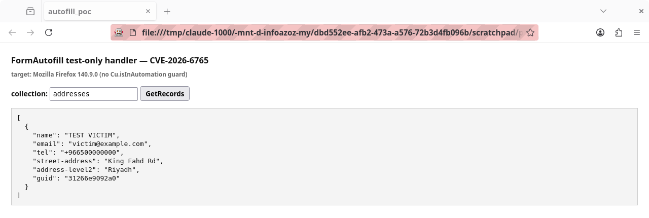 Proof of concept running on Firefox 140.9.0esr, exfiltrating a saved record through the unguarded FormAutofill handler
