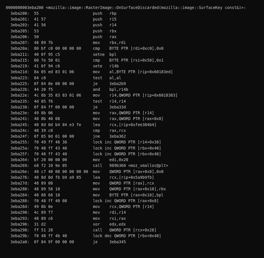 Reconstructed disassembly of RasterImage::OnSurfaceDiscarded, laid out from Mozilla symbol-server data, showing the mIsBeingDestroyed check and a separate later AddRef on the RasterImage refcount at offset 0x40